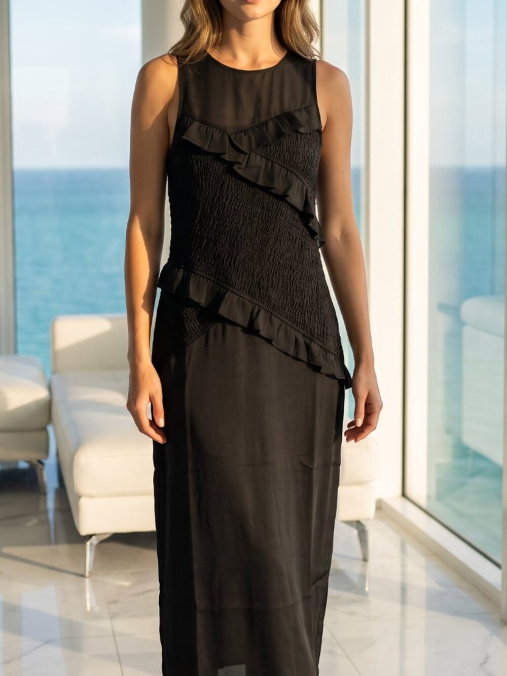NWT ASOS DESIGN ruffled accent smocked fitted maxi dress black US 6